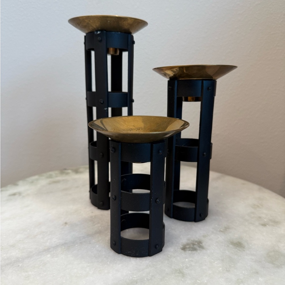 3 Vintage Black Steel Cage Candle Holders w/ Solid Brass Tops
